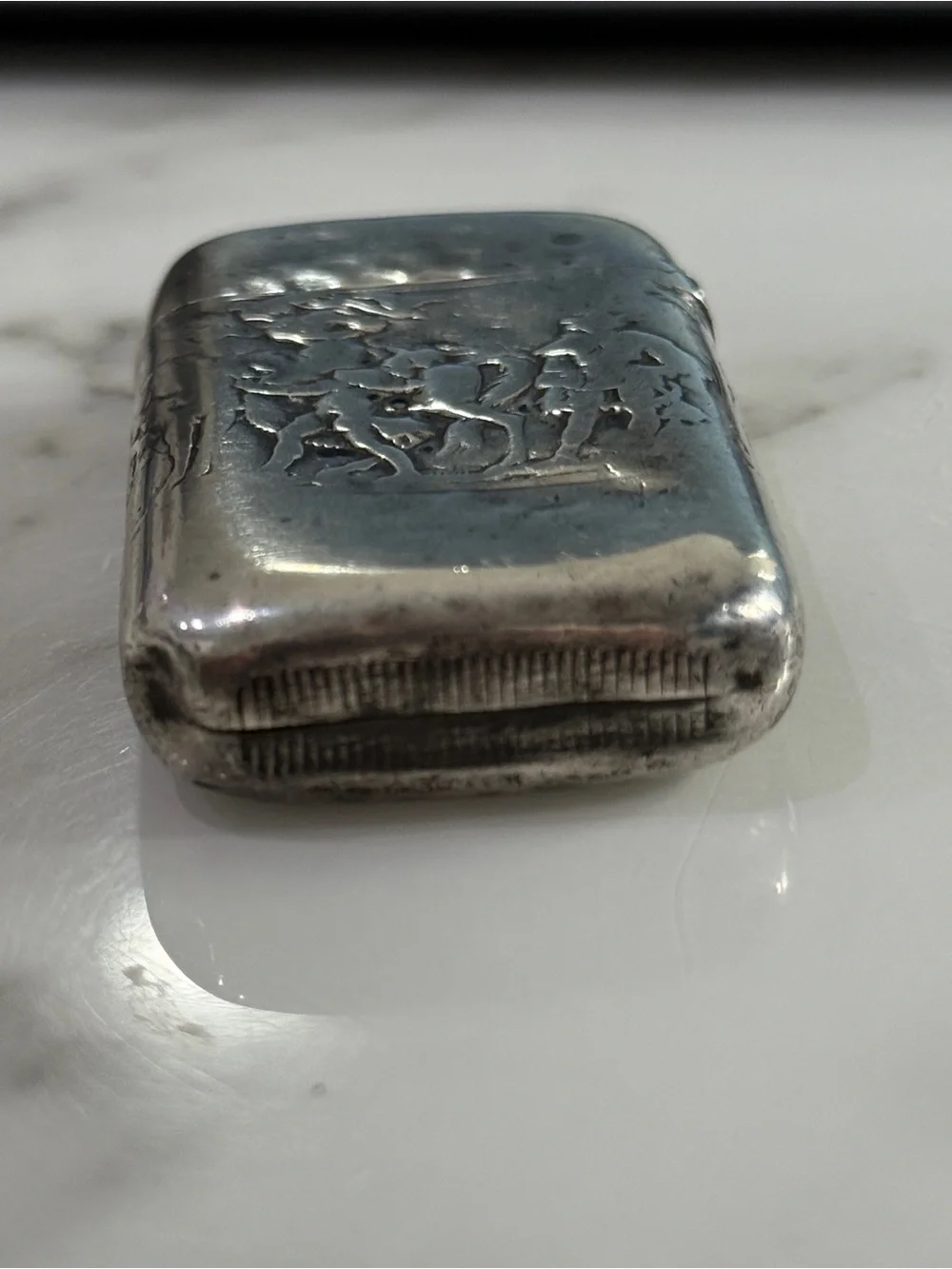 Antique Gorham Sterling Silver matchsafe Vesta c 1884 acid etched horse hunt fox